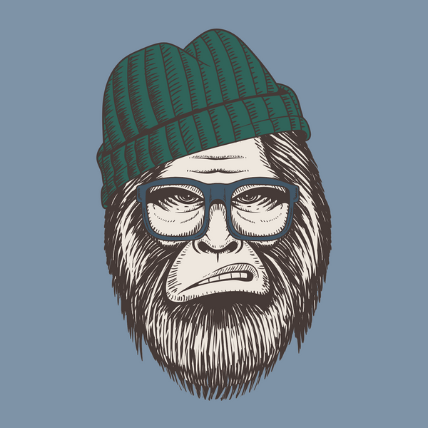 Hipster Squatch illustration featuring Bigfoot with glasses and a beanie on a blue background.