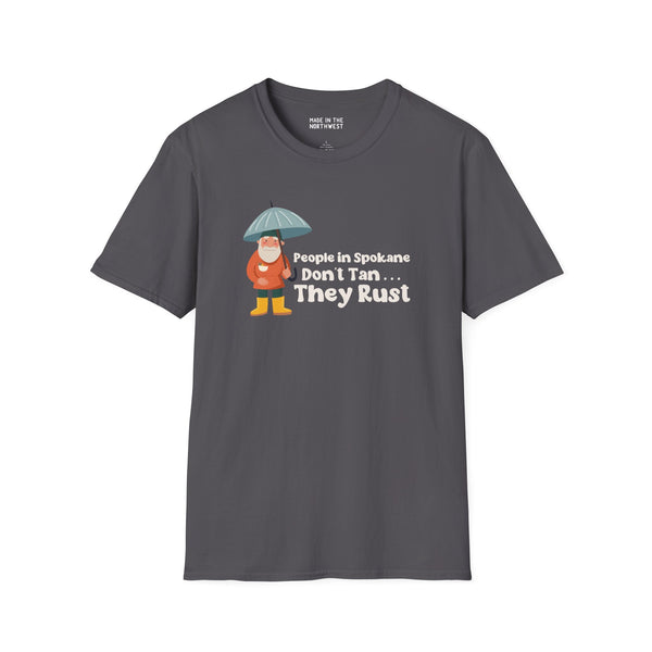 Gray softstyle t-shirt featuring gnome with umbrella and text 'People in Spokane Don't Tan, They Rust'
