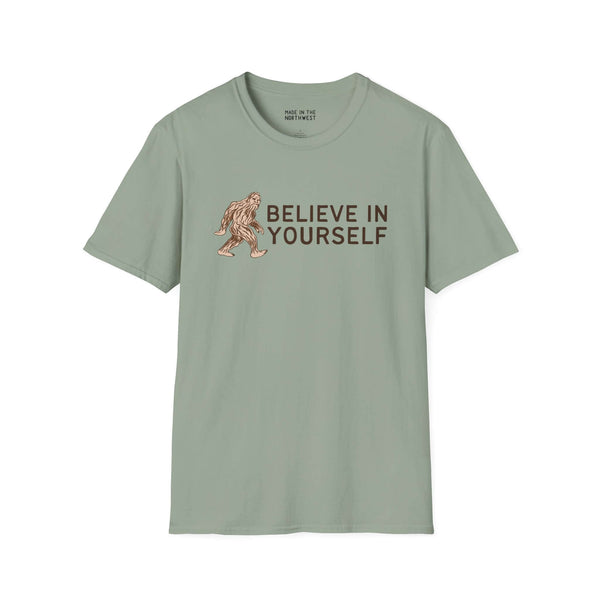 Bigfoot Believe in Yourself Softstyle T-Shirt in sage green, inspiring confidence and uniqueness.