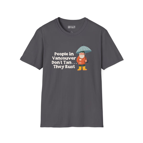 Gray t-shirt featuring gnome with umbrella and "People in Vancouver Don't Tan, They Rust" design.