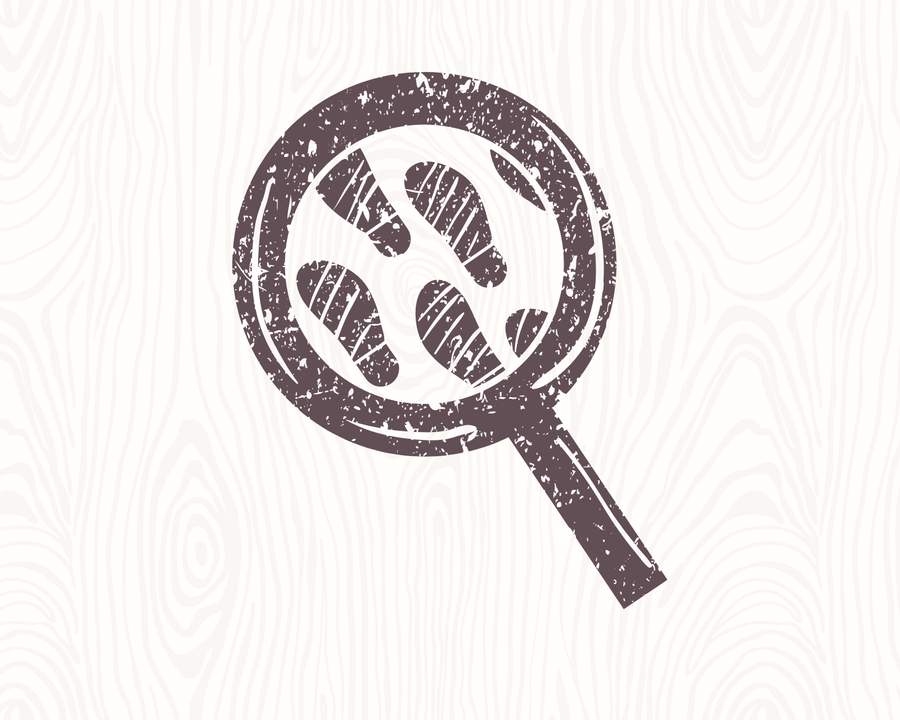 Magnifying glass over footprints, symbolizing the mystery and intrigue of true crime adventures.