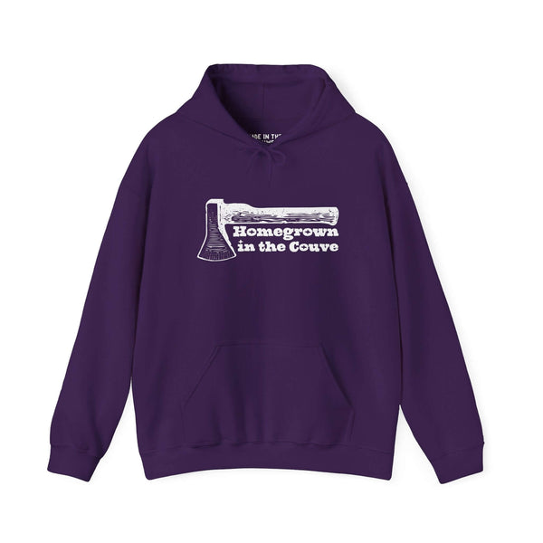 Purple hoodie with 'Homegrown in the Couve' design and axe illustration, celebrating Vancouver pride.