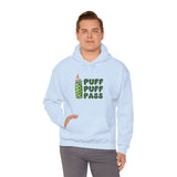 Light blue hoodie with 'Puff Puff Pass' graphic and lighter design for cannabis enthusiasts.