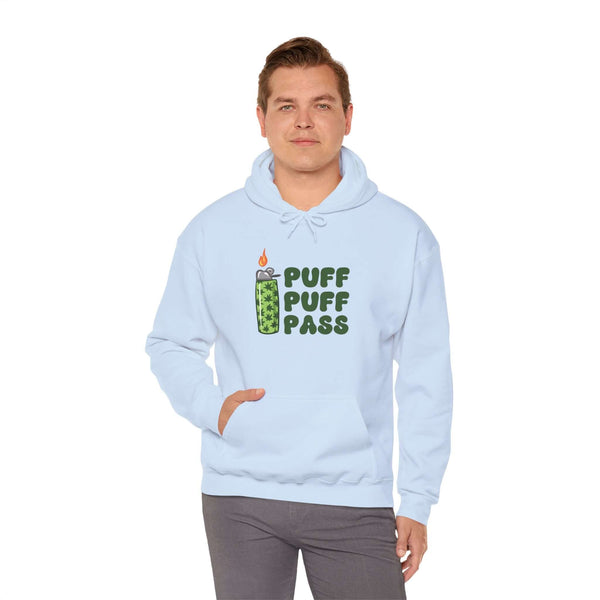 Light blue hoodie with 'Puff Puff Pass' graphic and lighter design for cannabis enthusiasts.