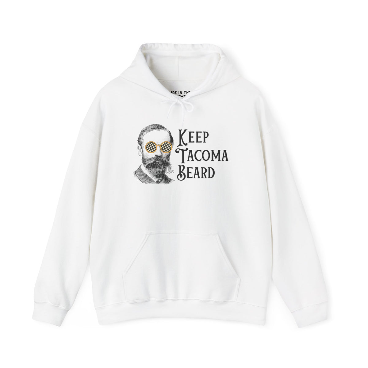 Keep Tacoma Beard cozy hoodie with vintage bearded graphic and bold sunglasses for stylish 253 pride.