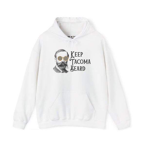 Keep Tacoma Beard cozy hoodie with vintage bearded graphic and bold sunglasses for stylish 253 pride.