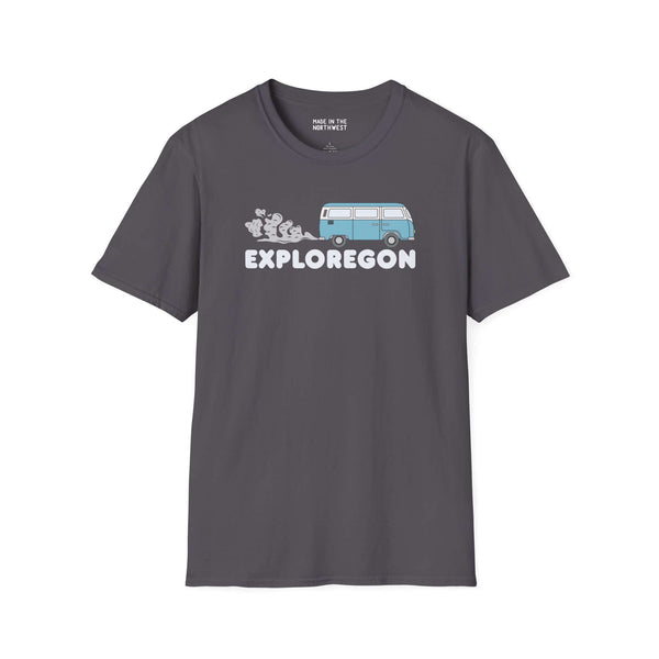 Exploregon Adventure Van Softstyle T-Shirt featuring a retro van and bold lettering, perfect for outdoor enthusiasts.