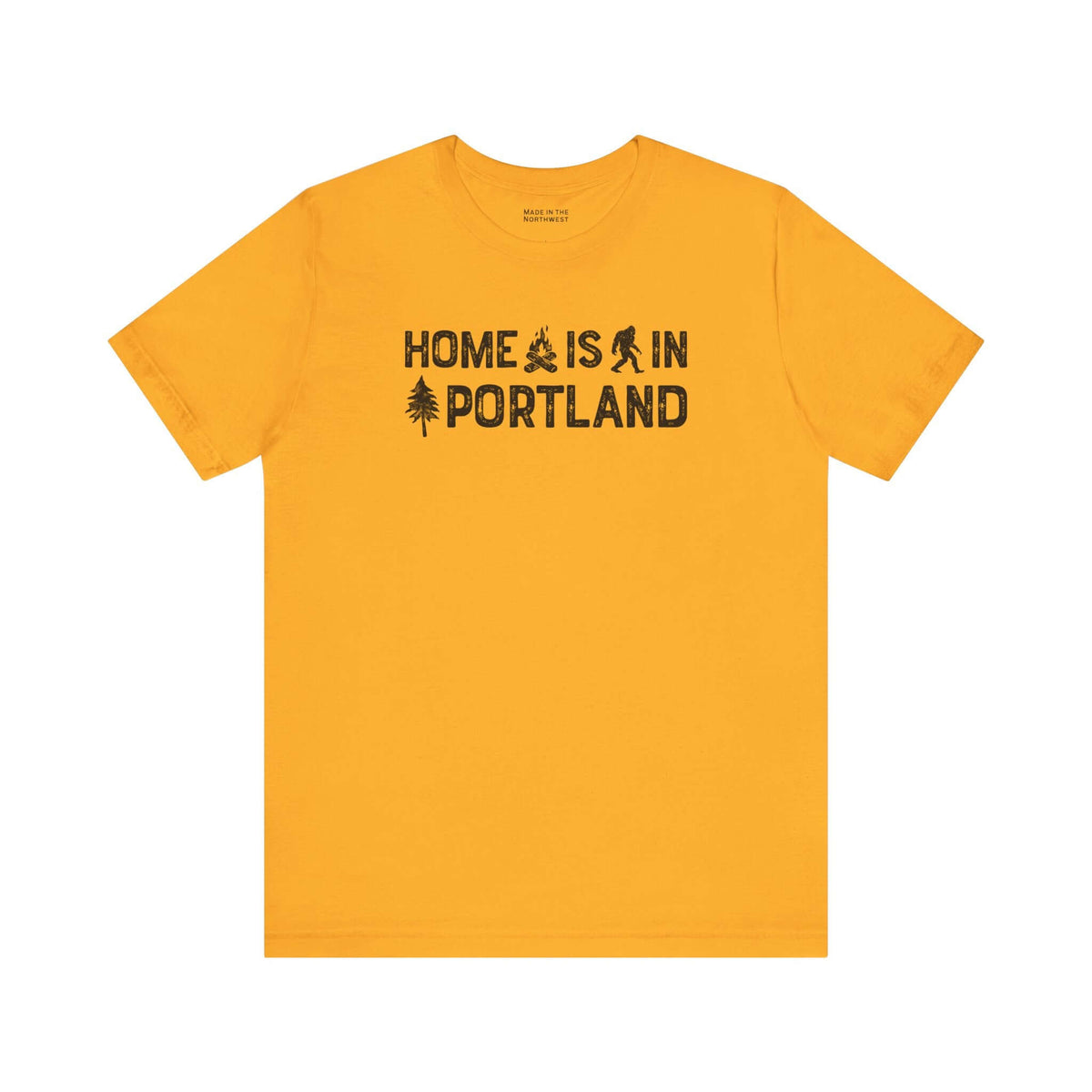 Home Is in Portland Tee – Rose City Pride Shirt with campfire and tree illustrations on yellow fabric.