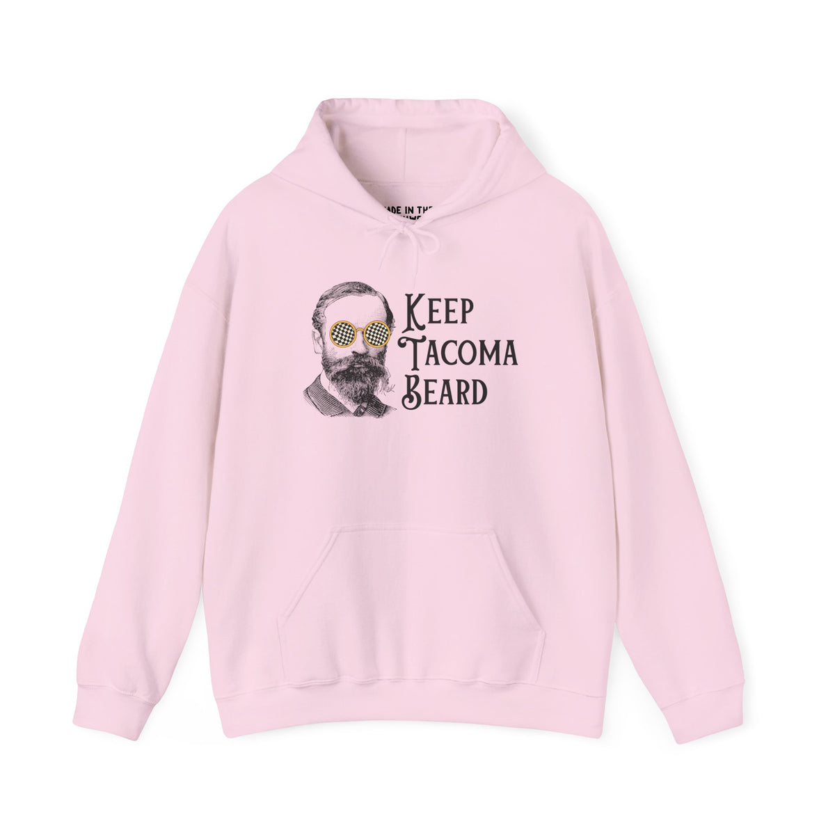 Pink hoodie featuring 'Keep Tacoma Beard' with a vintage bearded man in sunglasses.