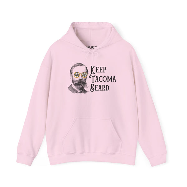Pink hoodie featuring 'Keep Tacoma Beard' with a vintage bearded man in sunglasses.