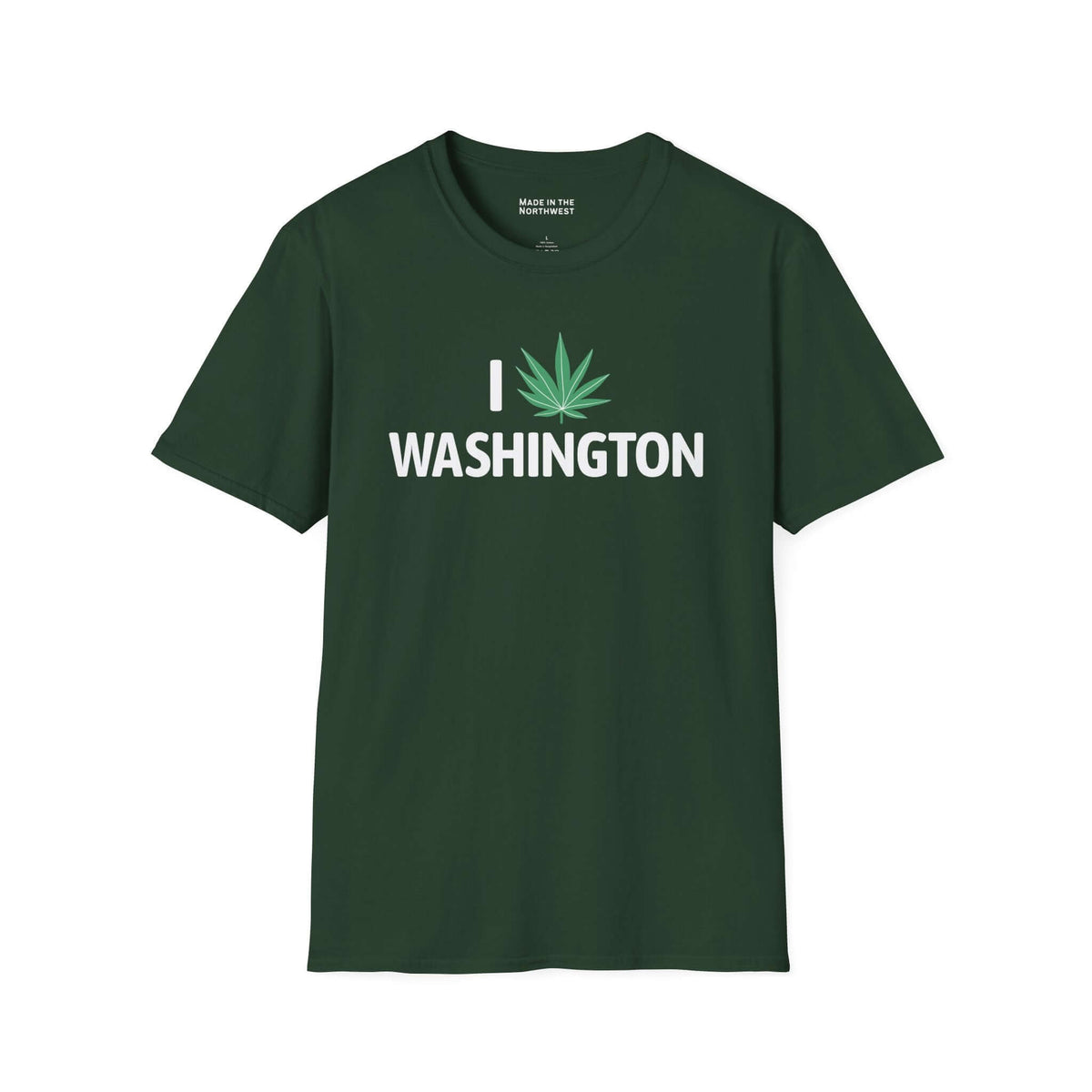 I Marijuana Washington T Shirt displaying a graphic of a marijuana leaf and bold text on a dark green background.