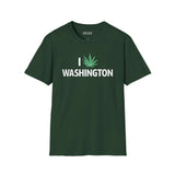 I Marijuana Washington T Shirt displaying a graphic of a marijuana leaf and bold text on a dark green background.