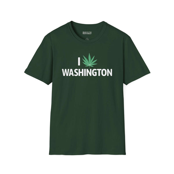 I Marijuana Washington T Shirt displaying a graphic of a marijuana leaf and bold text on a dark green background.