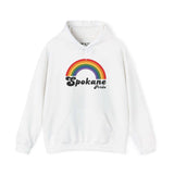 Retro rainbow Spokane Pride hoodie celebrating love and inclusivity, perfect for LGBTQ+ supporters.