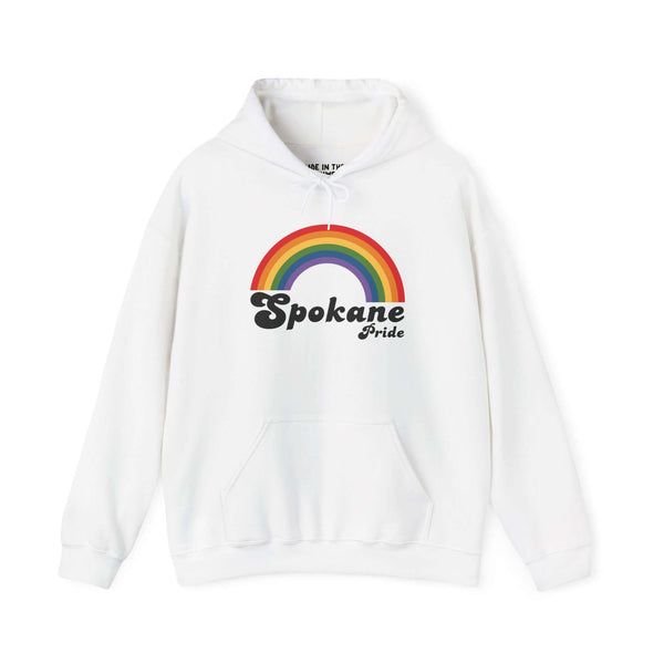Retro rainbow Spokane Pride hoodie celebrating love and inclusivity, perfect for LGBTQ+ supporters.