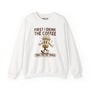 Light-colored sweatshirt featuring 'First I Drink the Coffee Then I Do the Things' coffee cup design.