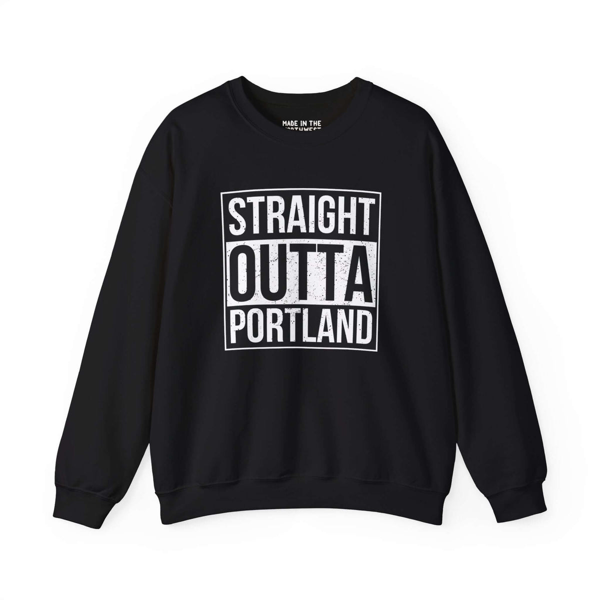 Black sweatshirt with "Straight Outta Portland" text design, showcasing local pride and streetwear style.