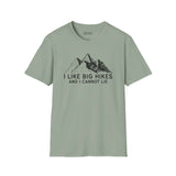 I Like Big Hikes and I Cannot Lie T Shirt featuring mountain graphic on a light green tee.