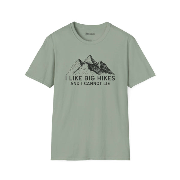 I Like Big Hikes and I Cannot Lie T Shirt featuring mountain graphic on a light green tee.