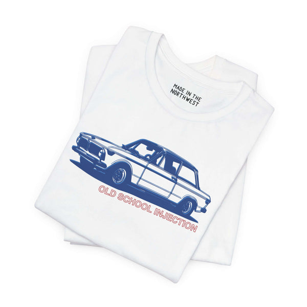 Old School Injection tee featuring a vintage BMW 2002 Tii graphic, perfect for car lovers and enthusiasts.