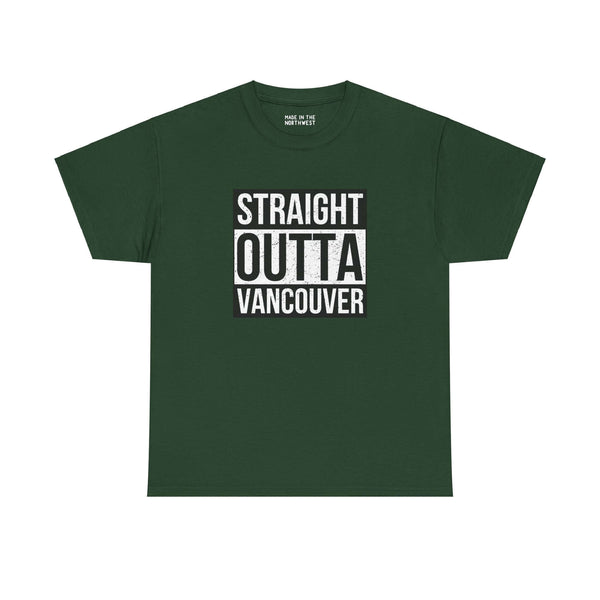 Green "Straight Outta Vancouver" athletic tee with bold white text, inspired by iconic streetwear, showcasing local pride.