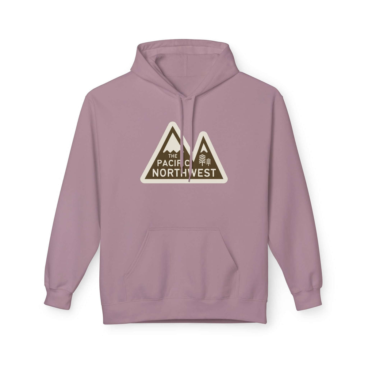 Pacific Northwest Heights Mountain Premium Midweight Hoodie in light purple with mountain design.