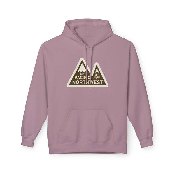 Pacific Northwest Heights Mountain Premium Midweight Hoodie in light purple with mountain design.