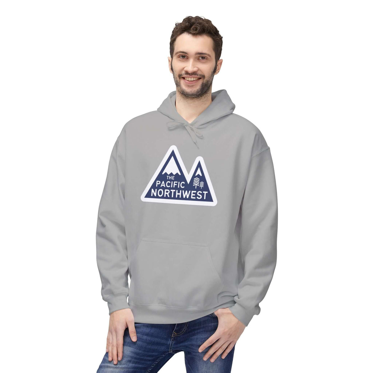Pacific Northwest Heights Mountain Premium Midweight Hoodie worn by a man, featuring a modern mountain design and bold text.