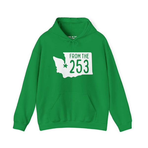 Green hoodie with "From the 253" text and Washington state silhouette, featuring Tacoma star, showcasing local Tacoma pride.