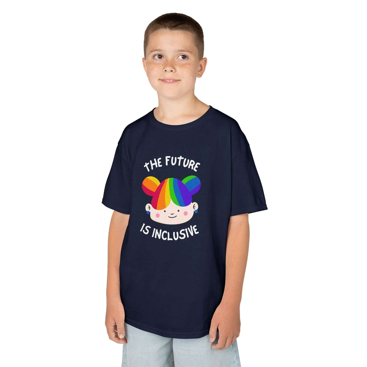 Child wearing a navy tee with 'The Future is Inclusive' and a colorful graphic, promoting kindness and acceptance.