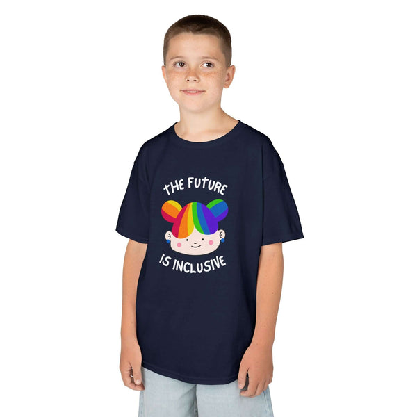 Child wearing a navy tee with 'The Future is Inclusive' and a colorful graphic, promoting kindness and acceptance.