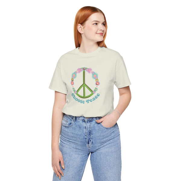 Choose Peace soft tee featuring a green peace sign and vibrant flowers for positive vibes and retro style.