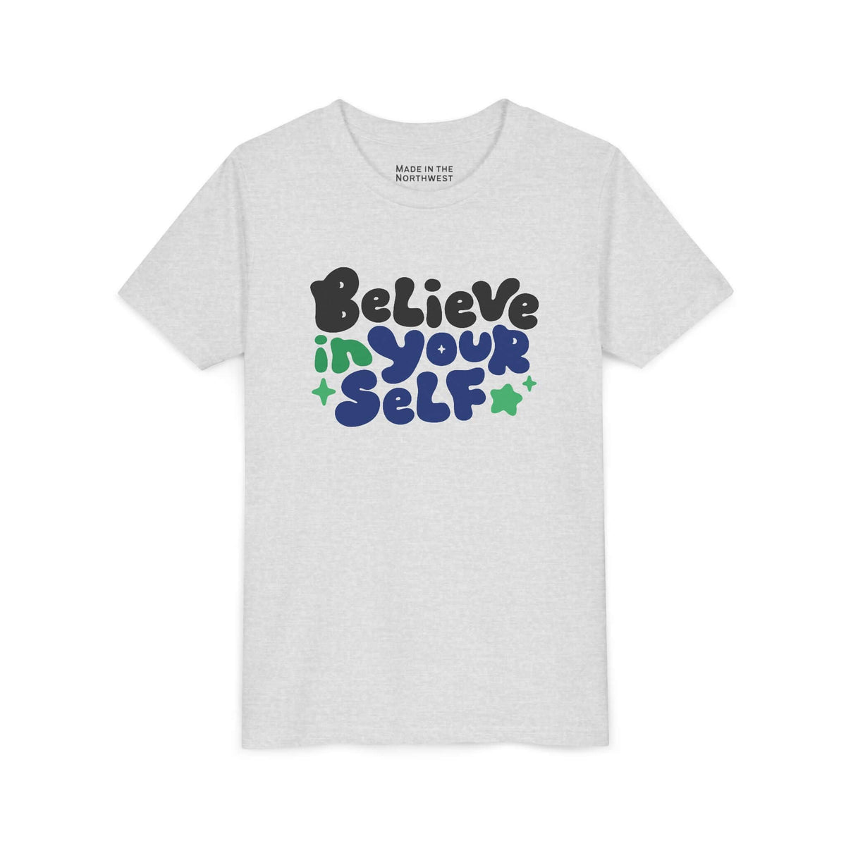Believe in Yourself Kids T Shirt featuring colorful lettering on a grey background for positive encouragement.