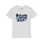 Believe in Yourself Kids T Shirt featuring colorful lettering on a grey background for positive encouragement.