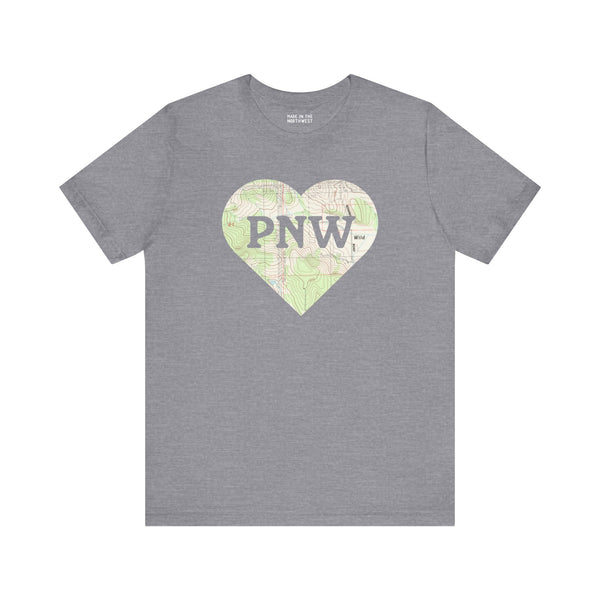 Premium soft tee featuring a topo map heart design with 'PNW' for Pacific Northwest adventure lovers.