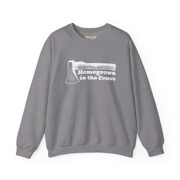 Grey sweatshirt with "Homegrown in the Couve" and illustrated axe, showcasing local Vancouver pride and Pacific Northwest style.