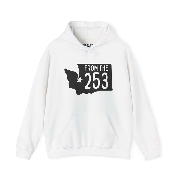 White "From the 253" hoodie with Washington state silhouette and star, representing Tacoma area code pride.