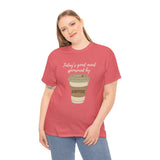 Woman wearing 'Today's Good Mood Sponsored By Coffee' athletic tee with coffee cup design, showcasing love for caffeine.