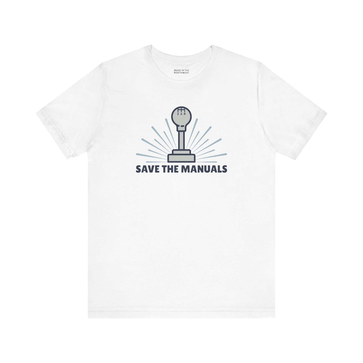 Save the Manuals T Shirt featuring a gear shift graphic and the phrase "SAVE THE MANUALS" on a white tee.