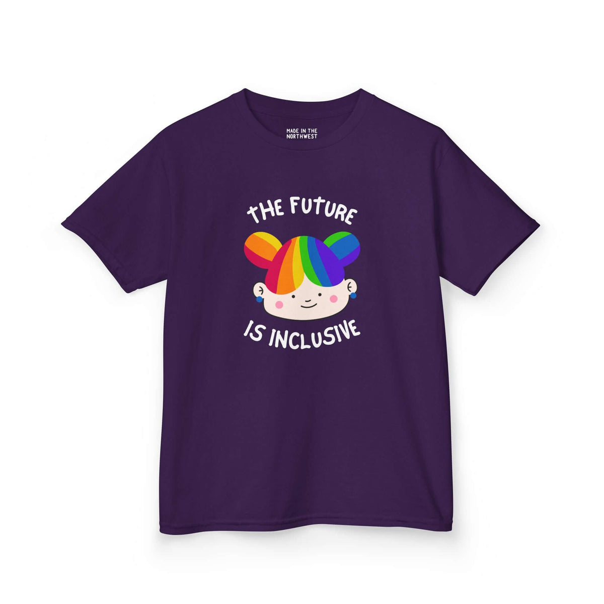 Purple kids' tee featuring the text 'The Future is Inclusive' with a colorful character design.