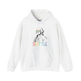 White Seattle hoodie with rainbow glasses on George Washington and colorful 