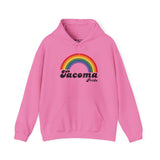 Pink Tacoma Pride hoodie with vibrant rainbow graphic celebrating LGBTQ+ community and self-expression.
