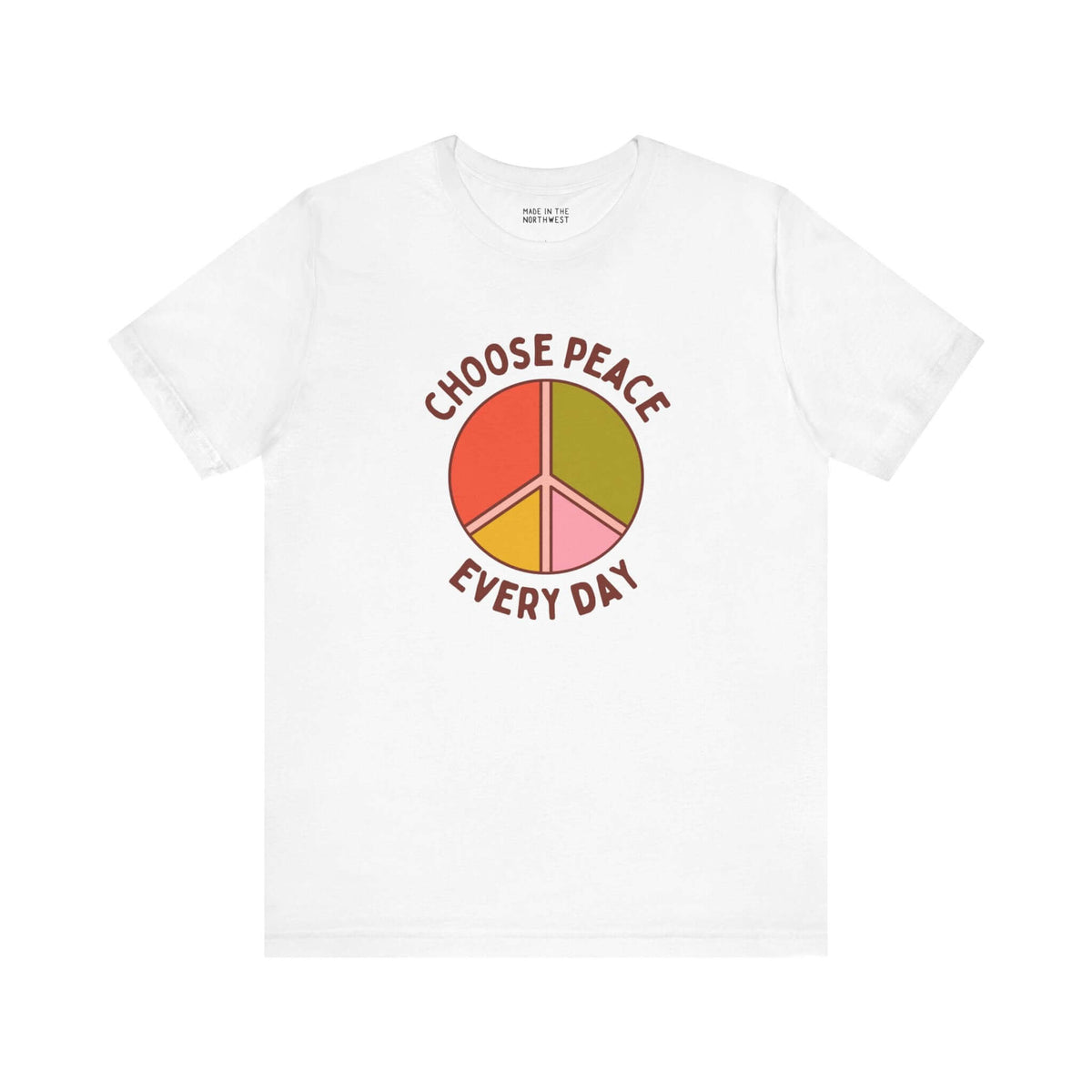 Premium soft tee with colorful 'Choose Peace Every Day' design and peace symbol, promoting kindness and positivity.