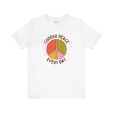 Premium soft tee with colorful 'Choose Peace Every Day' design and peace symbol, promoting kindness and positivity.