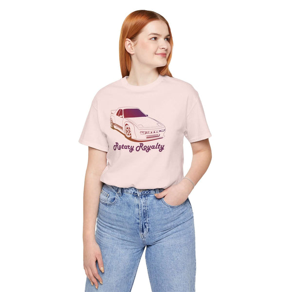 Woman wearing Rotary Royalty JDM car enthusiast tee featuring a Mazda RX-7 graphic.