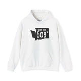 White hoodie featuring a 'From the 509' design with a Washington state silhouette and star indicating Spokane.