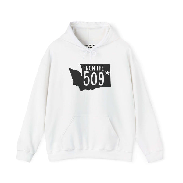 White hoodie featuring a 'From the 509' design with a Washington state silhouette and star indicating Spokane.