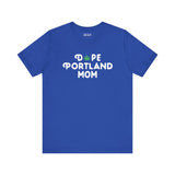 Blue Dope Portland Mom tee with marijuana leaf graphic, perfect for laid-back, proud Portland moms.