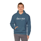 Vancouver over Portland hoodie worn by a man, featuring 'Van > PDX' design, perfect for expressing city pride.