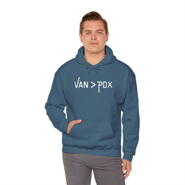 Vancouver over Portland hoodie worn by a man, featuring 'Van > PDX' design, perfect for expressing city pride.